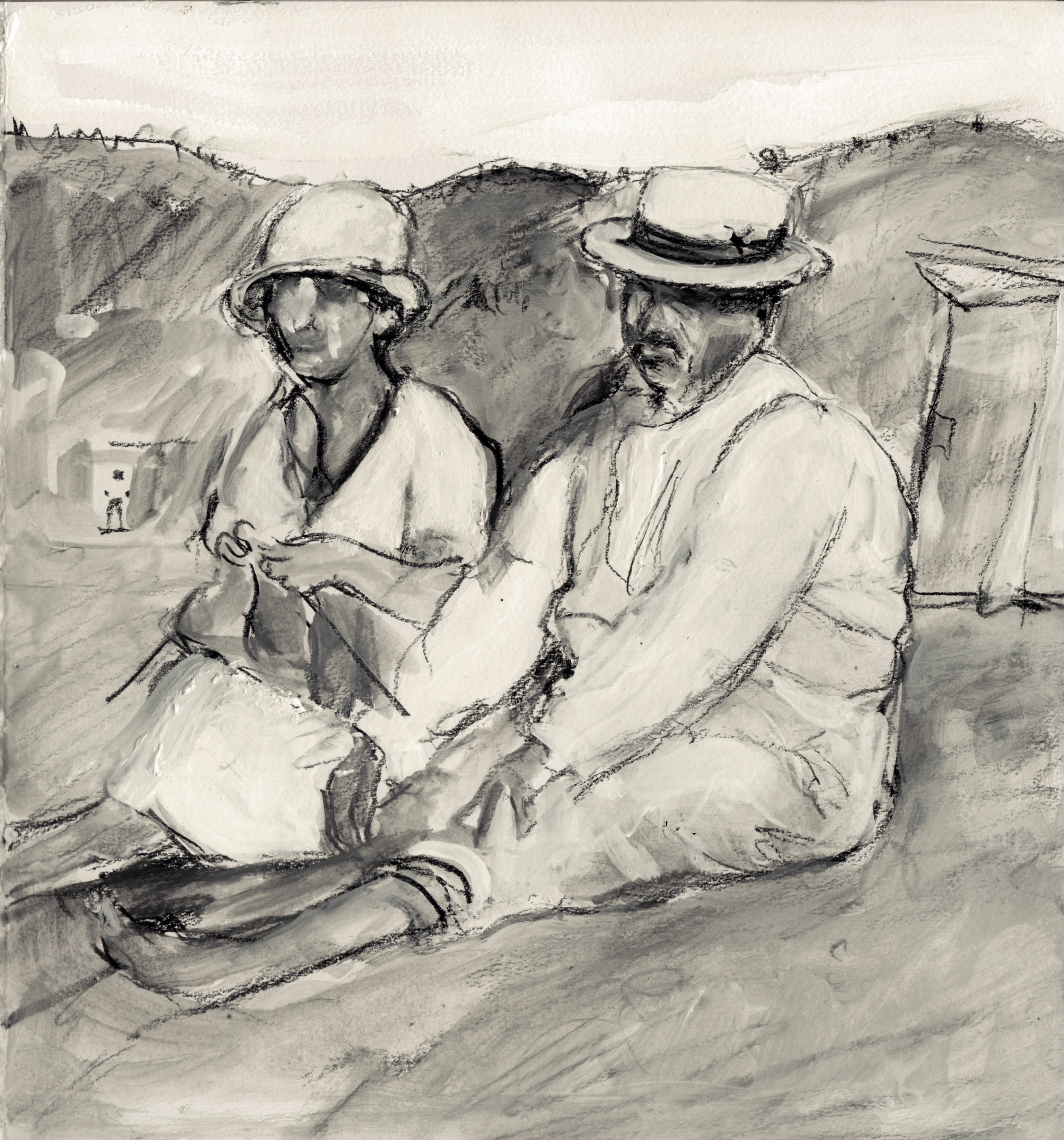 desssin fusain couple assis sur l'herbe, esprit 1930