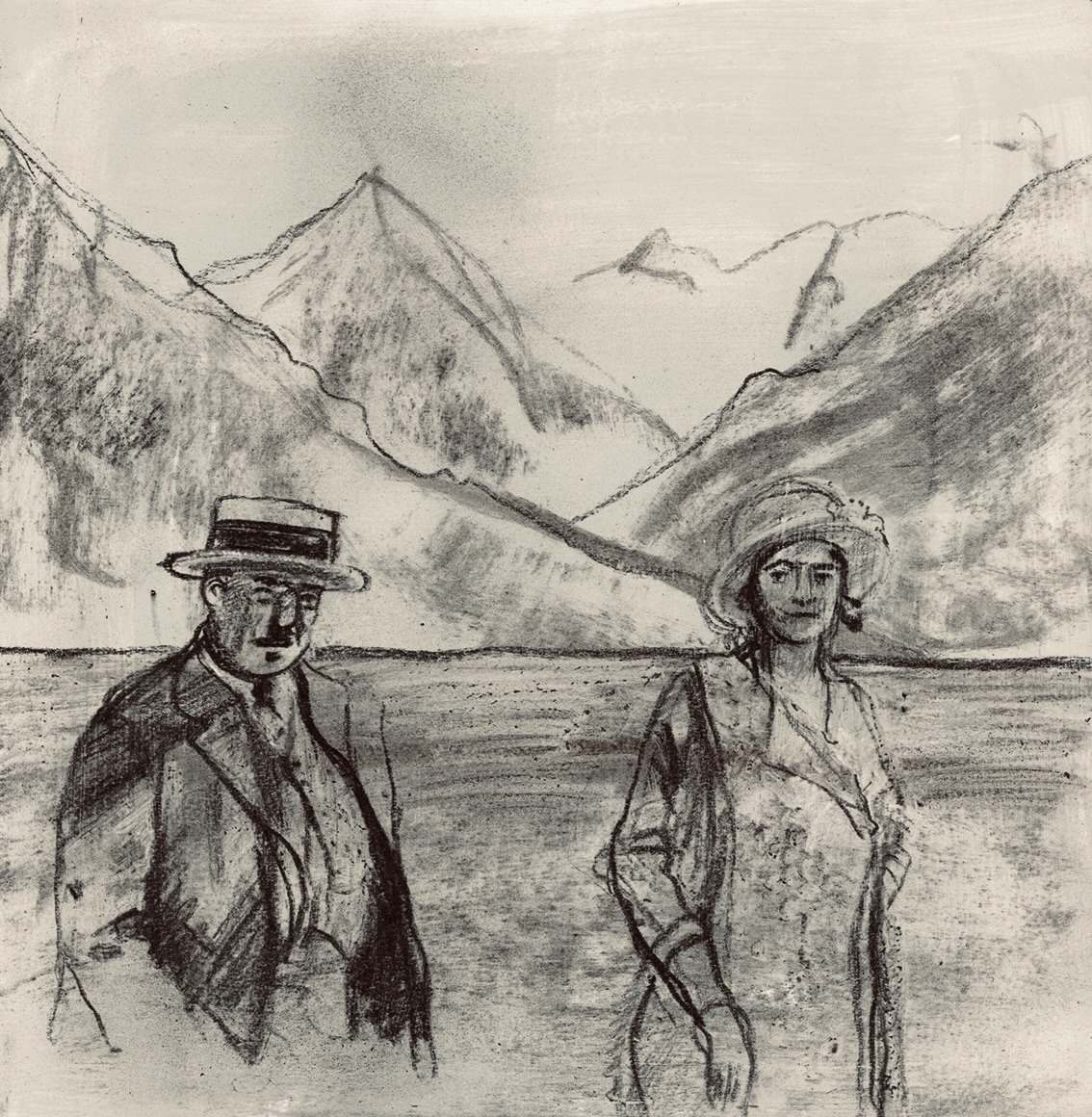 desssin fusain couple debout panorama montagne, esprit 1930